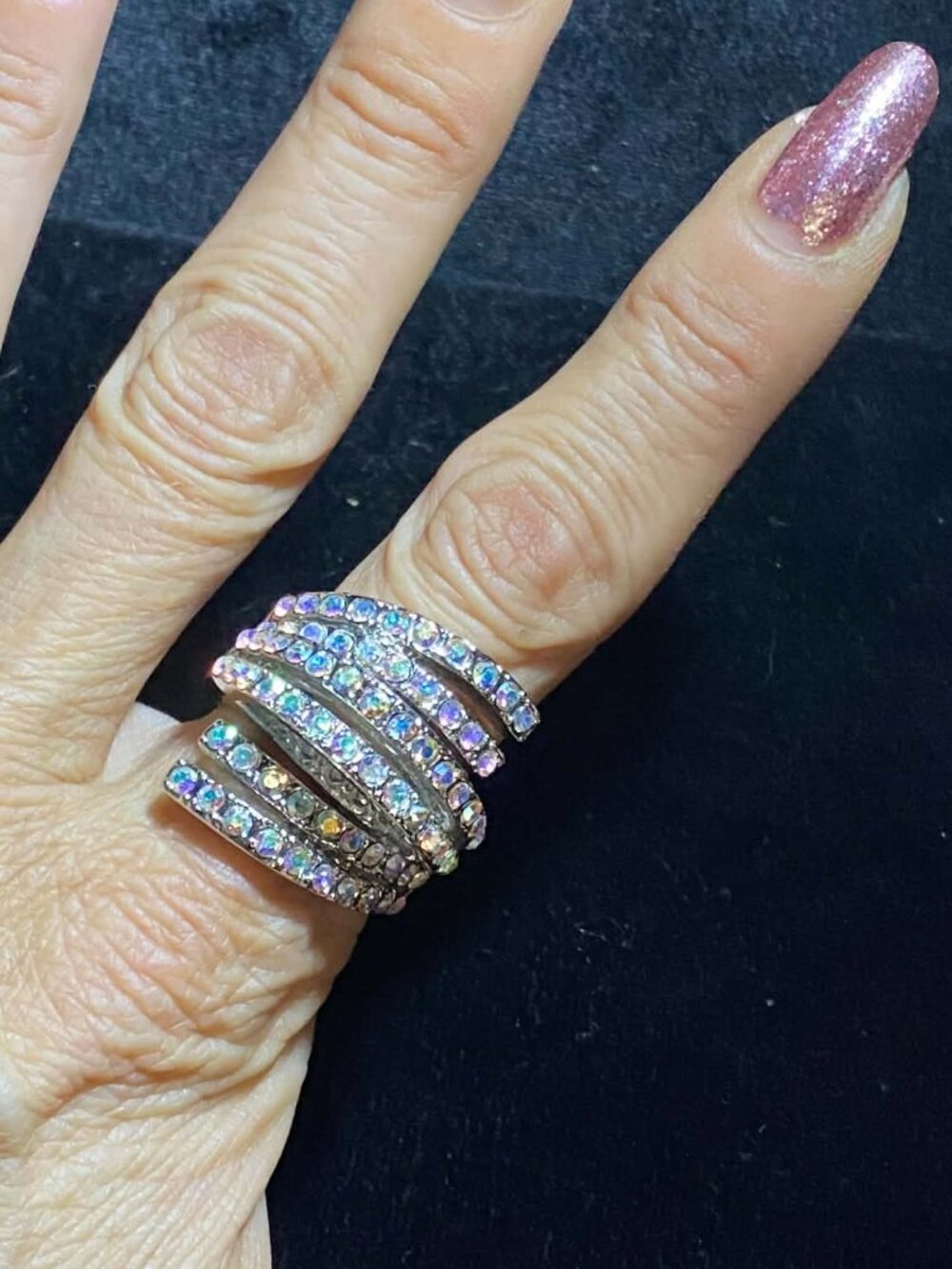 Vintage Multi Row Layer Wrap Iridescent Aurora Borealis Rainbow Cocktail Ring